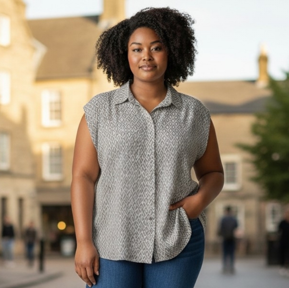 Pleione Gray Geometric Button Down Shirt